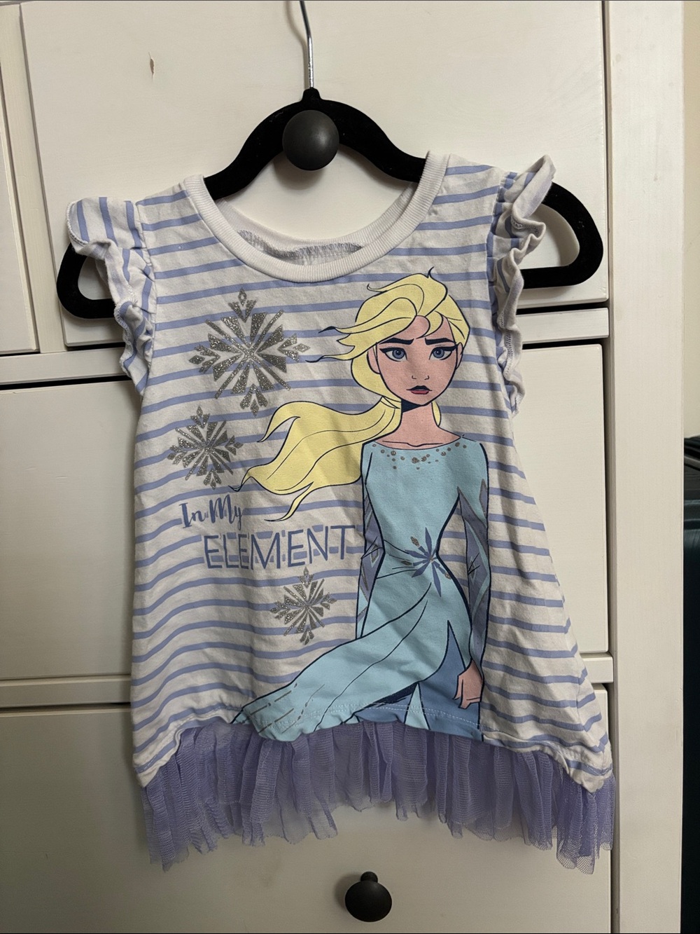 Disney Elsa Light Blue Striped Ruffle Sleeve Tee with Lavender Tulle